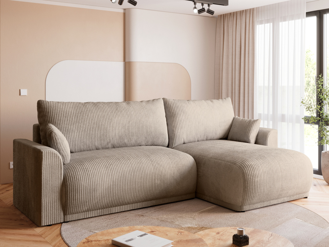 Beżowa kanapa do salonu z pojemnikiem i funkcją spania MORENO