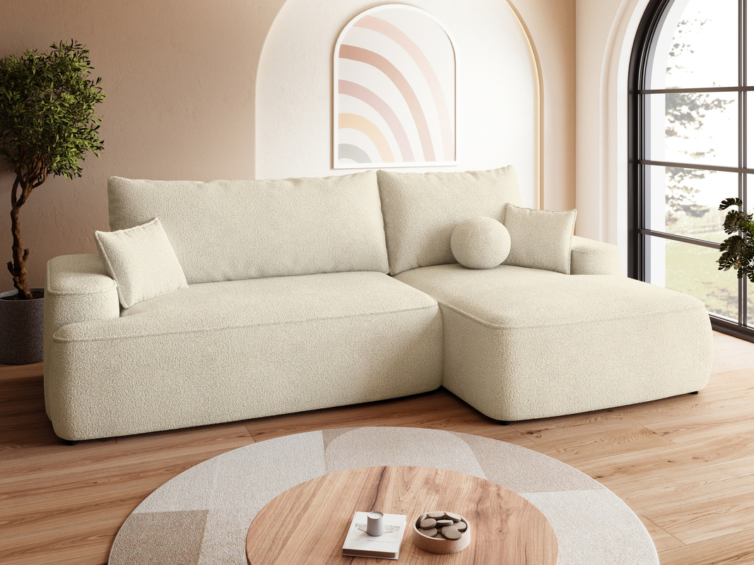 Nowoczesny beżowy narożnik do salonu z funkcją spania CARMELLO boucle