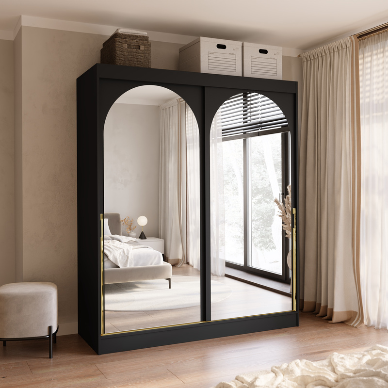 Czarna duża szafa przesuwna z dwoma lustrami 180 cm drzwi przesuwne złote uchwyty