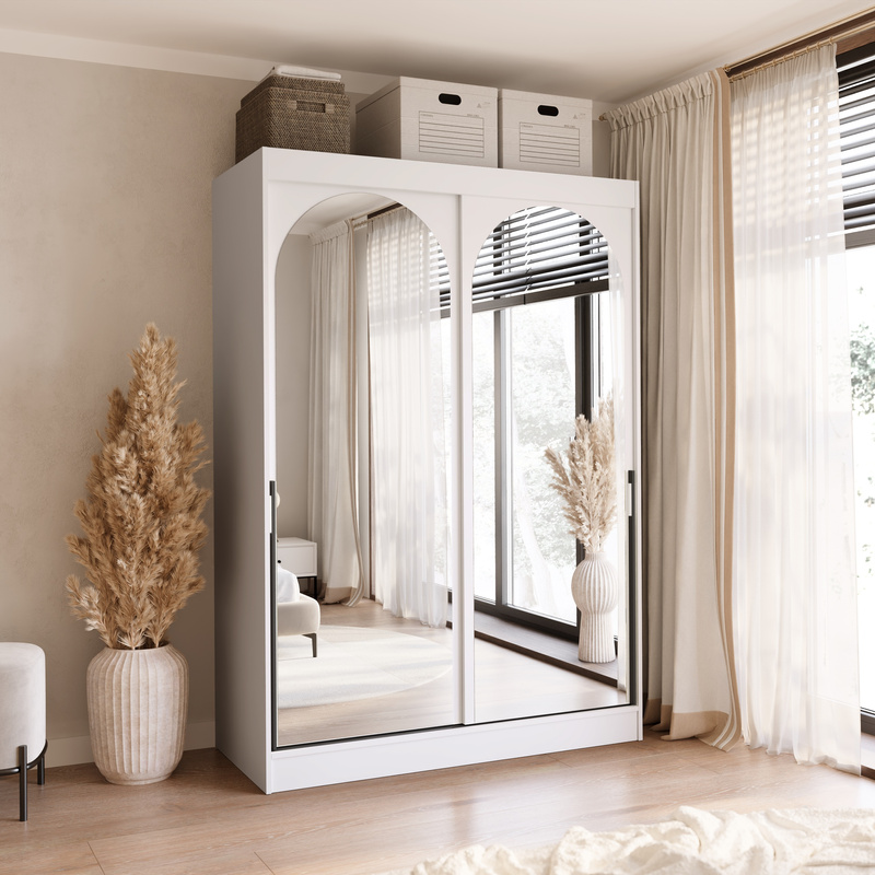 Biała szafa przesuwna do sypialni z dwoma lustrami biała 150 cm drzwi przesuwne czarne uchwyty MORIN