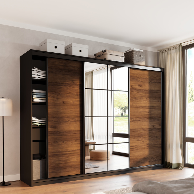 Pojemna szafa przesuwna z lustrem 280 cm z szufladami EDGE orzech