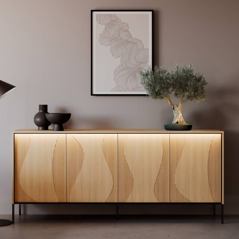 Komoda do salonu 193 cm dąb vincenza FLOW czterodrzwiowa metalowe nogi