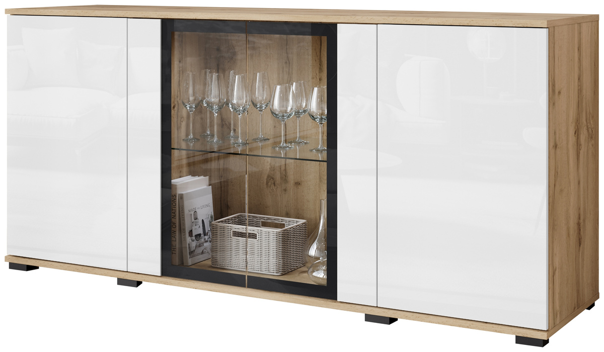 Komoda biały połysk 150 cm z witryną do salonu CAVIO