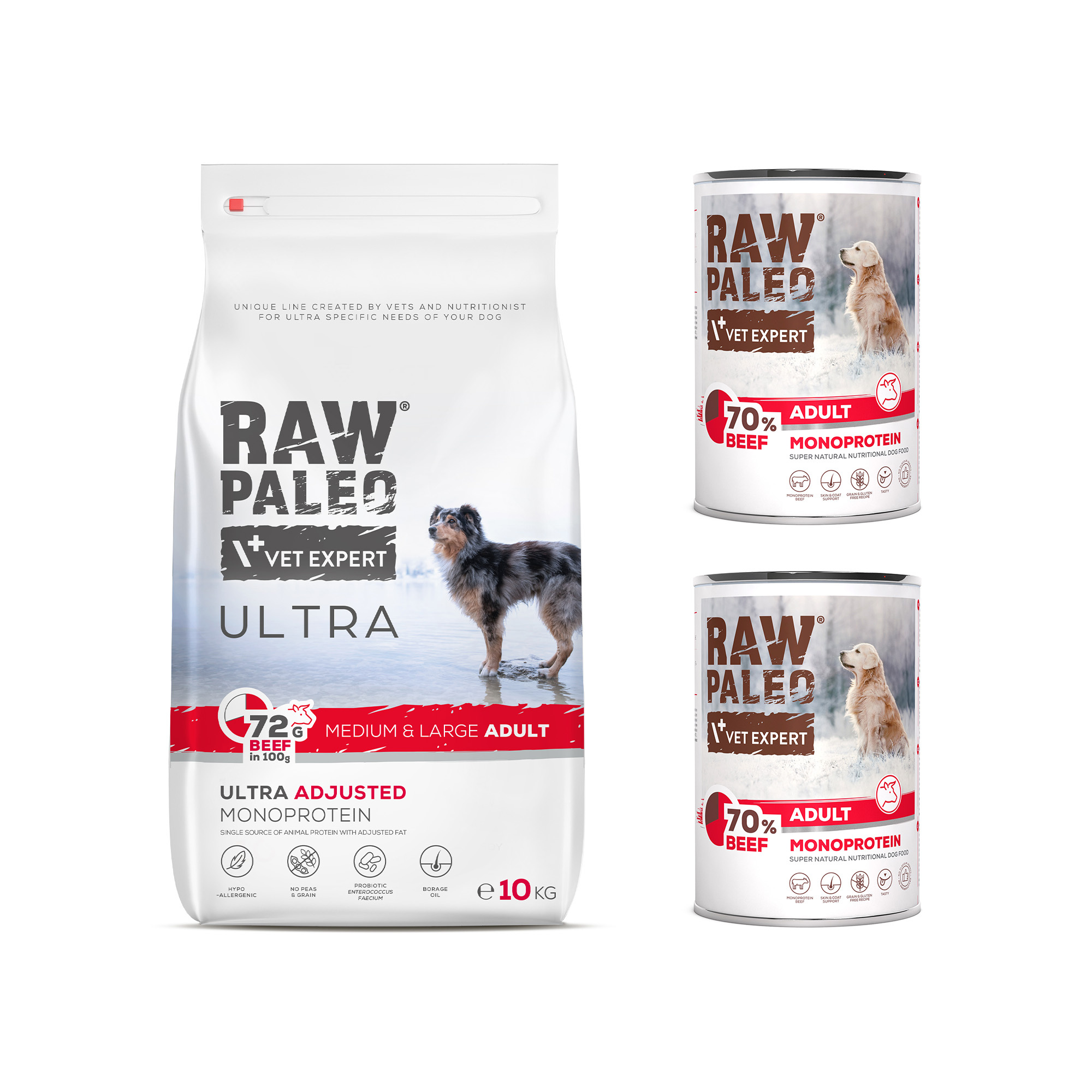 RAW PALEO ULTRA BEEF MEDIUM ADULT 10kg i 2x BEEF ADULT puszka 400g - zestaw karmy z wołowiną dla psa rasy średniej i dużej