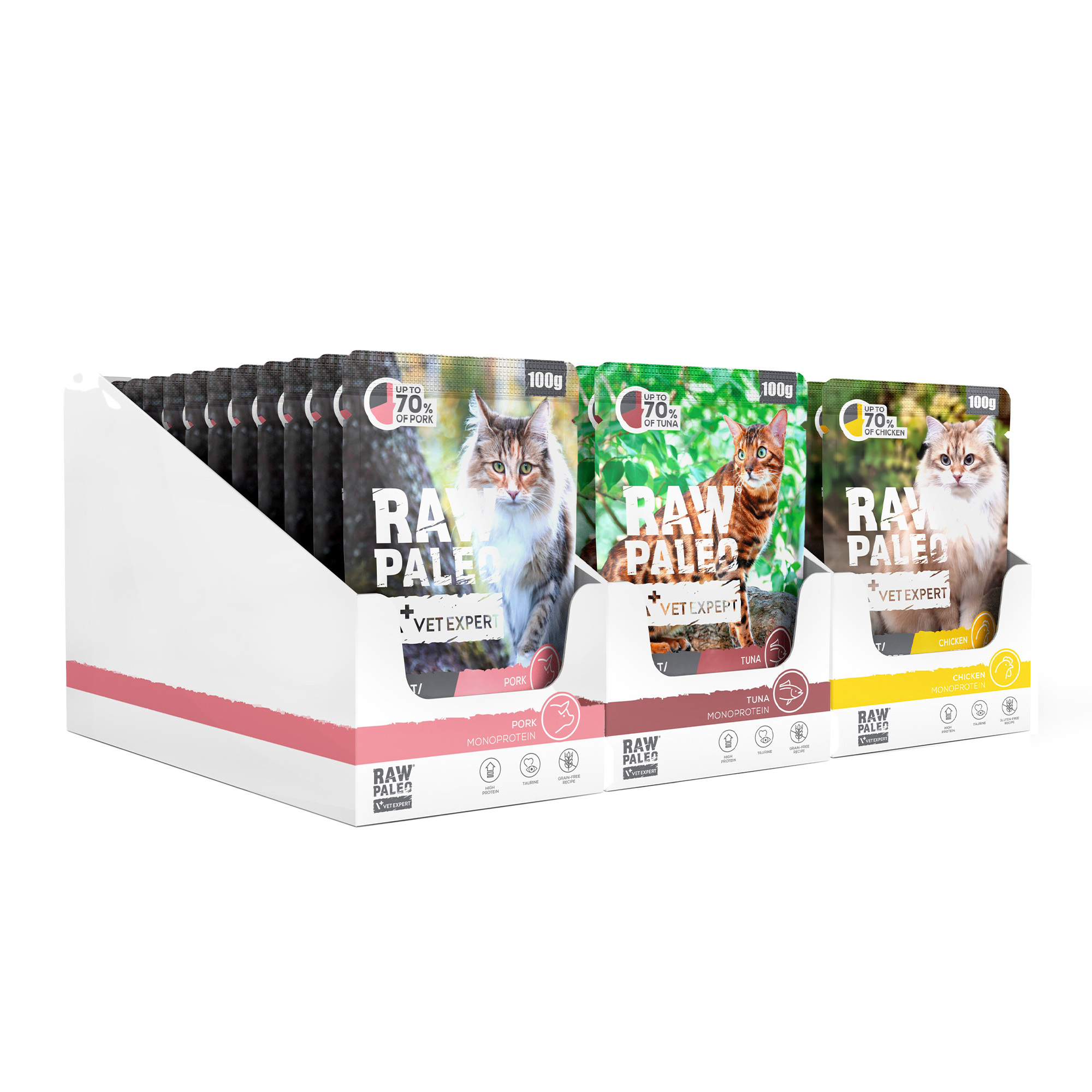 RAW PALEO ADULT/STERILISED CAT CHICKEN PORK TUNA 36x100g - mokra karma dla kotów dorosłych i sterylizowanych