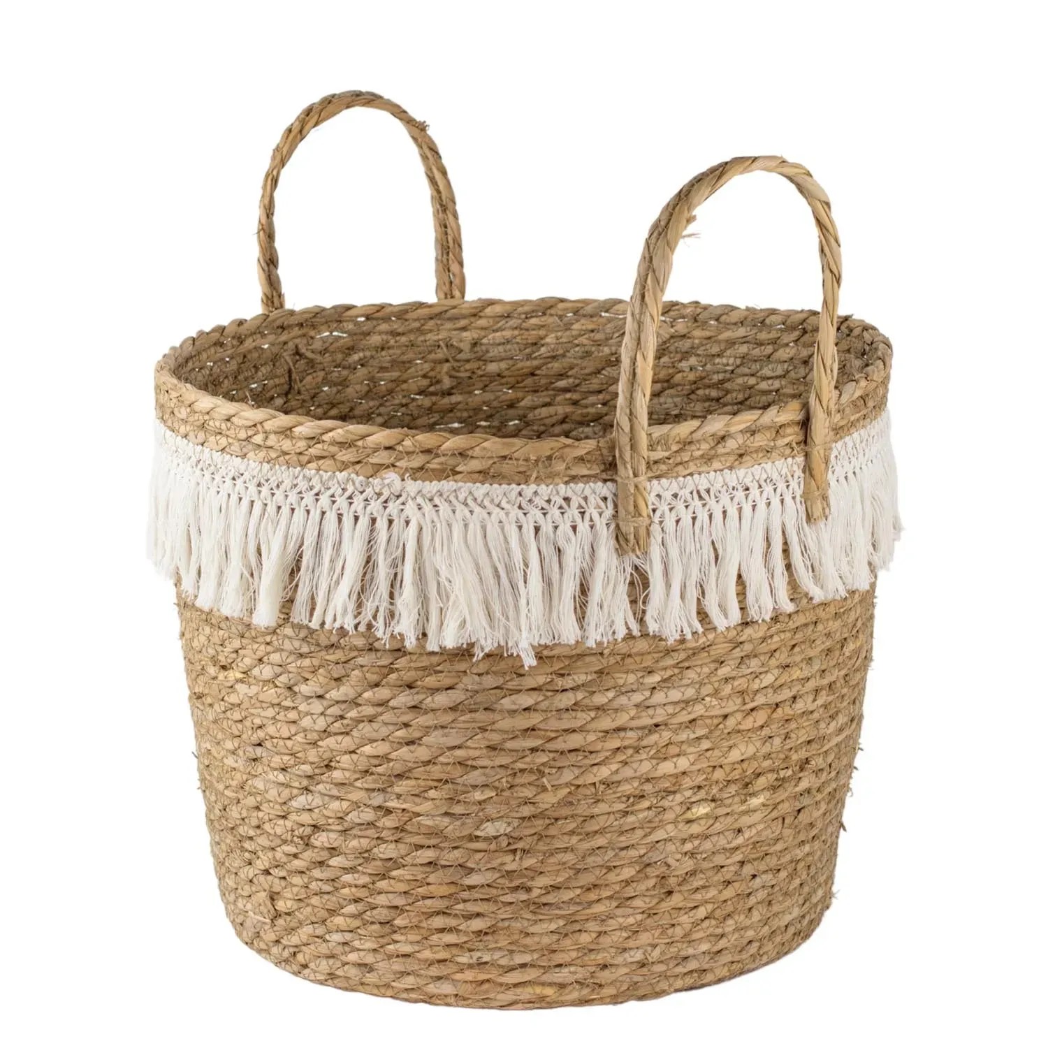 Kosz pleciony z białymi frędzlami - 36 x 36 x 32 cm