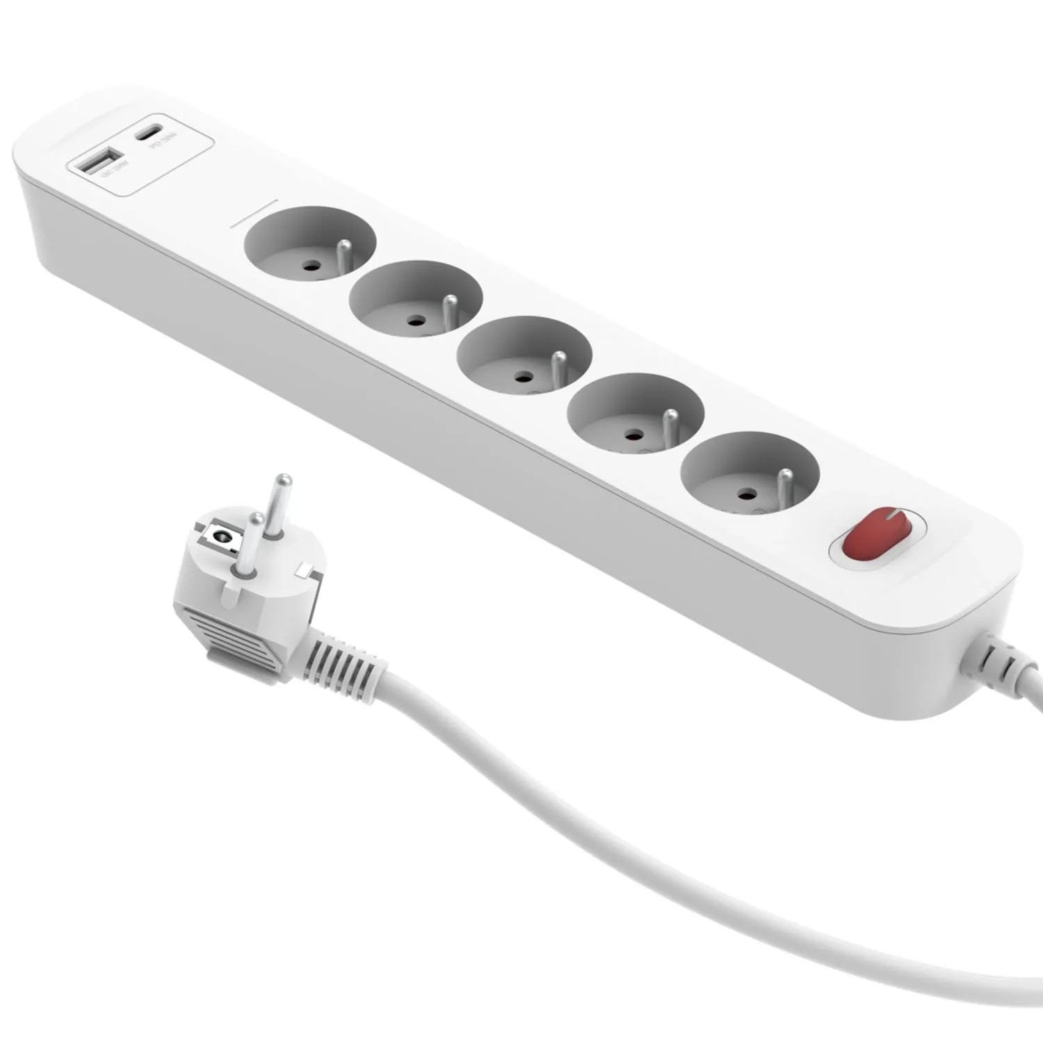 Düwi Przedłużacz szybkoładujący 5-gniazdowy z włącznikiem 2P+Z+2xUSB biały 1,4 m