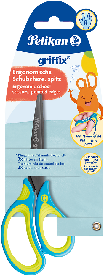 Nożyczki dla dzieci Pelikan Griffix, tytanowe, 15cm, żółto-niebieski