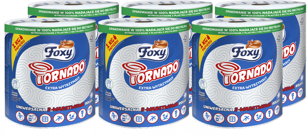 6x Ręcznik papierowy Foxy Tornado, 3-warstwowy, w roli, 1 rolka, biały