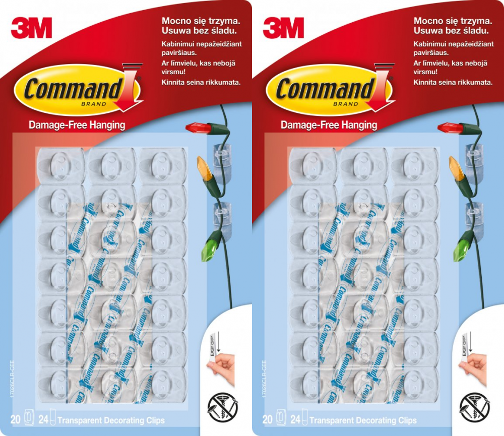 2x Haczyki do wieszania ozdób Command, 20 sztuk + 24 paski, transparentny