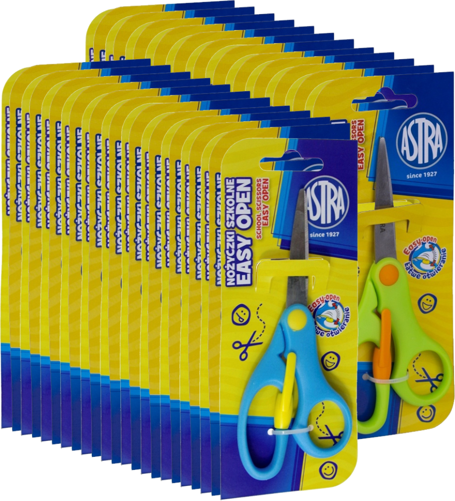 50x Nożyczki szkolne Astra Easy Open, z odbojnikiem, 13cm, 1 sztuka, na blistrze, mix kolorów
