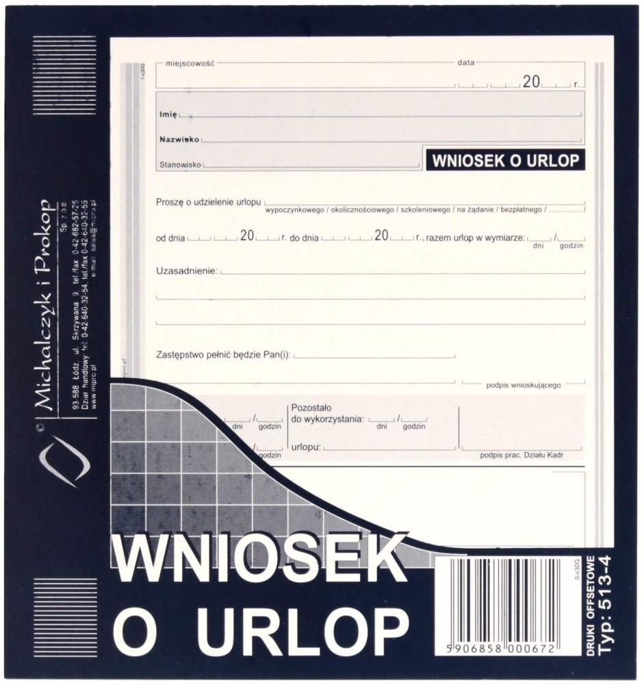 Druk akcydensowy Wniosek o urlop MiP 513-4, 2/3 A5, offsetowy, 40k
