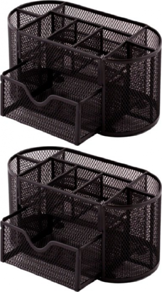 2x Przybornik na biurko Q-Connect, Office Set, bez wyposażenia, metalowy (druciany), 8 przegród+szufladka, 235x112x100mm, czarny