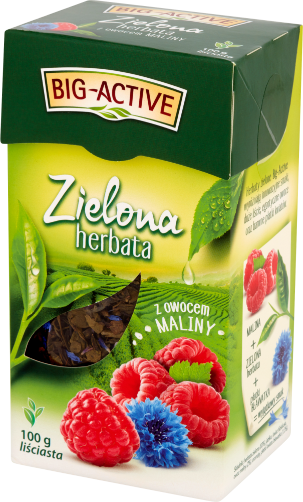 Herbata zielona smakowa liściasta Big-Active, z owocem maliny, 100g