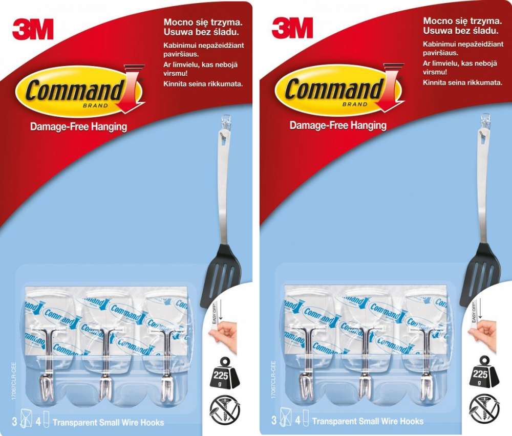 2x haczyki z metalowym uchwytem Command, 3 sztuki+4 paski, transparentny