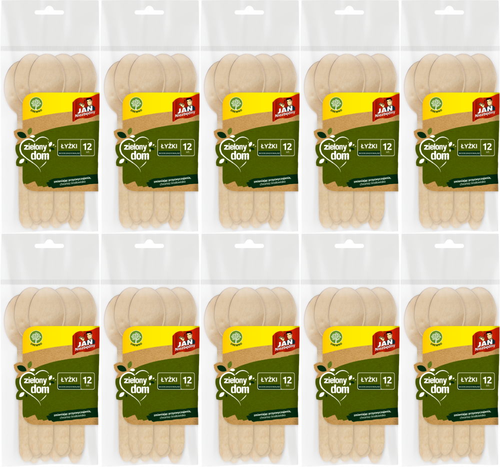 10x Łyżki jednorazowe Jan Niezbędny Zielony Dom, drewno, 12 sztuk, brązowy jasny