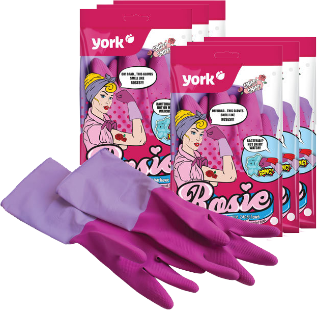 6x Rękawice lateksowe domowe, zapachowe York Rosie, z powłoką antybakteryjną, rozmiar M, 1 para, różowy