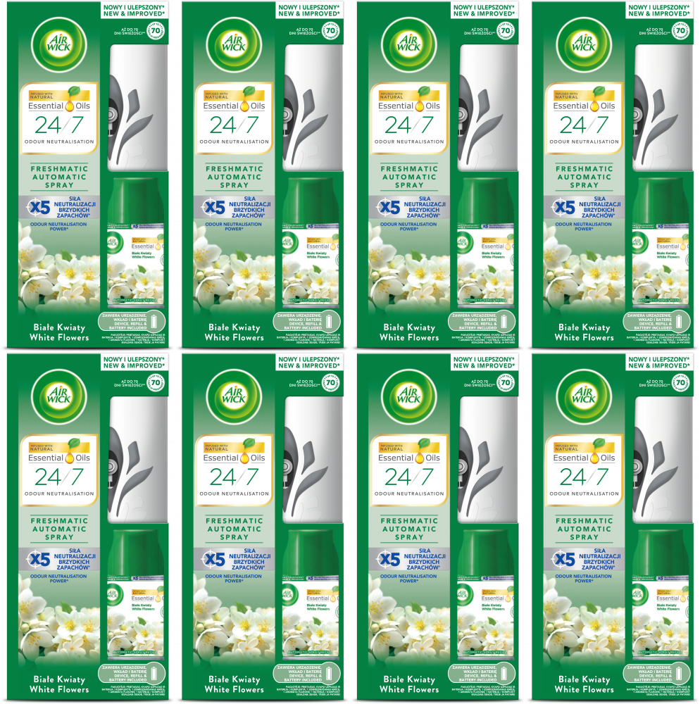 8x Odświeżacz automatyczny Air Wick Freshmatic, wkład + urządzenie, Białe Kwiaty, 250ml