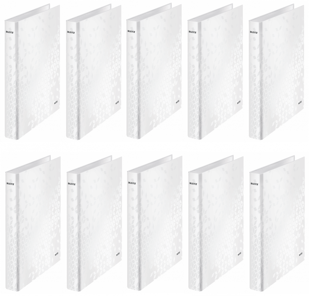 10x Segregator Leitz Wow, A4, szerokość grzbietu 40mm, do 250 kartek, 2 ringi, biały