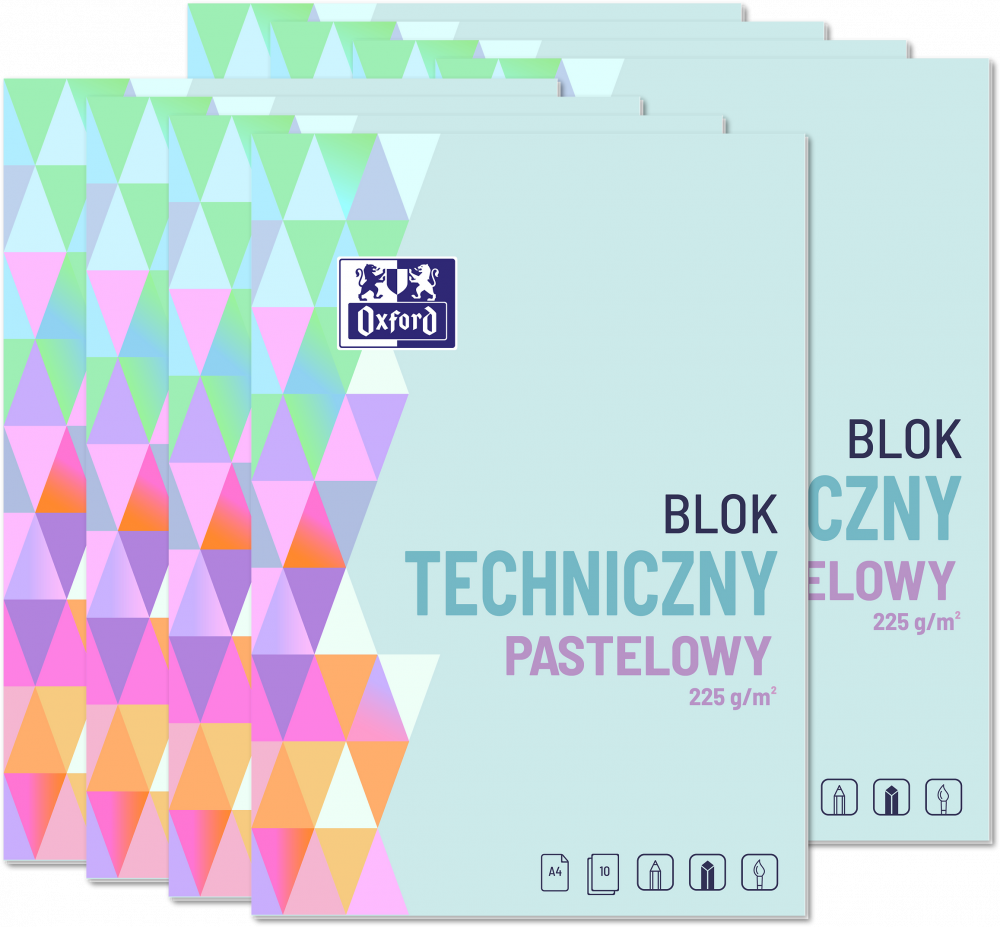 8x Blok techniczny pastelowy Oxford, A4, 10 kartek, kolorowy