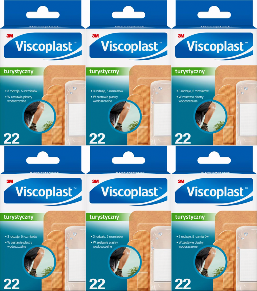 6x Zestaw plastrów turystycznych Viscoplast, 5 rozmiarów, 22 sztuki, mix rozmiarów
