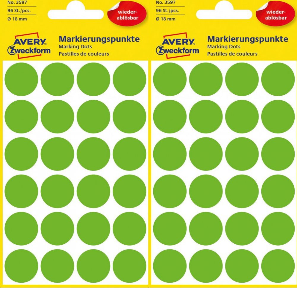 2x Etykiety usuwalne Avery Zweckform, okrągłe, średnica 18mm, 4 arkusze, zielony