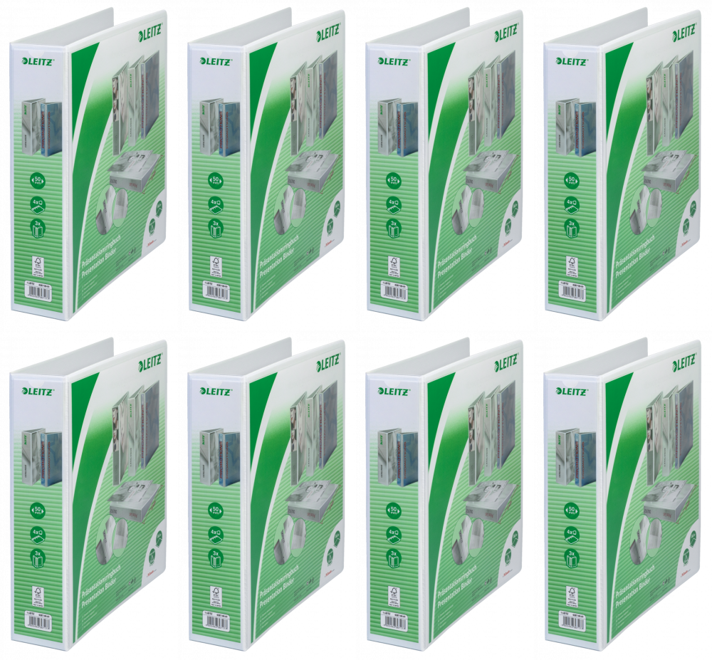 8x Segregator prezentacyjny Leitz, A4, szerokość grzbietu 77mm, do 480 kartek, 4 ringi, biały