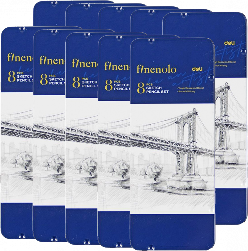 10x Ołówek do szkicowania Deli Finenolo, w metalowym etui, 8 sztuk, czarny