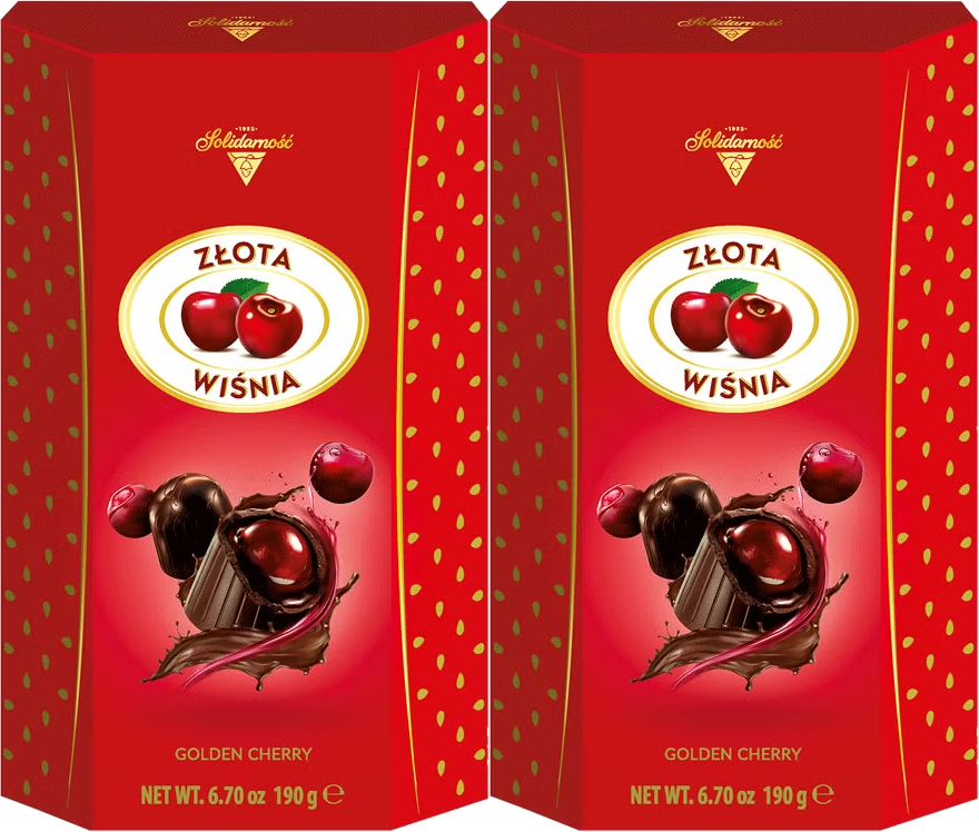 2x Bombonierka Solidarność Złota, wiśnie w likierze, sztabka, 190g