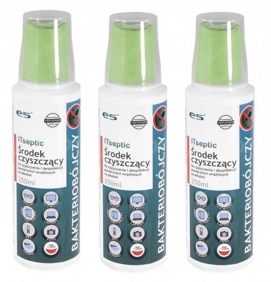 3x Zestaw czyszcząco-dezynfekujący Itseptic, płyn 250 ml + mikrofibra