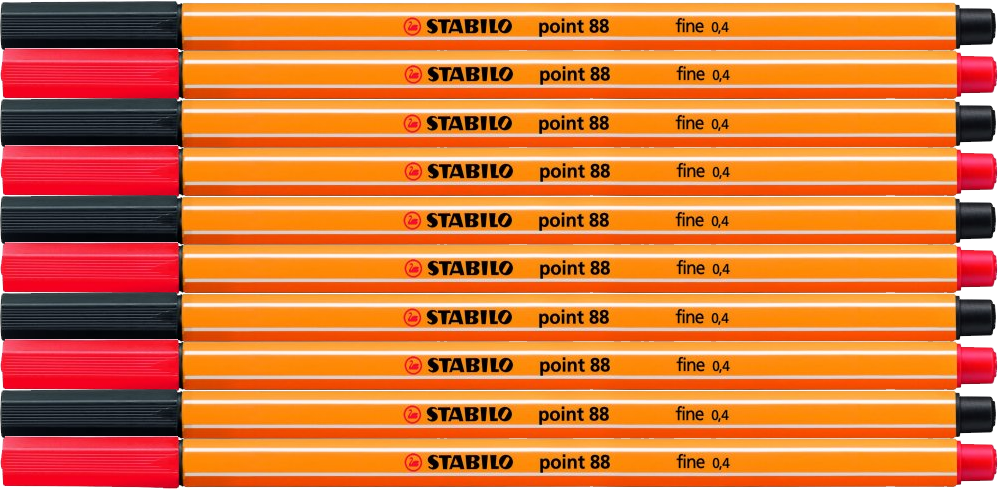 Zestaw: 10x Cienkopis Stabilo Point 88/40, 0.4mm (5x czerwony, 5x czarny)