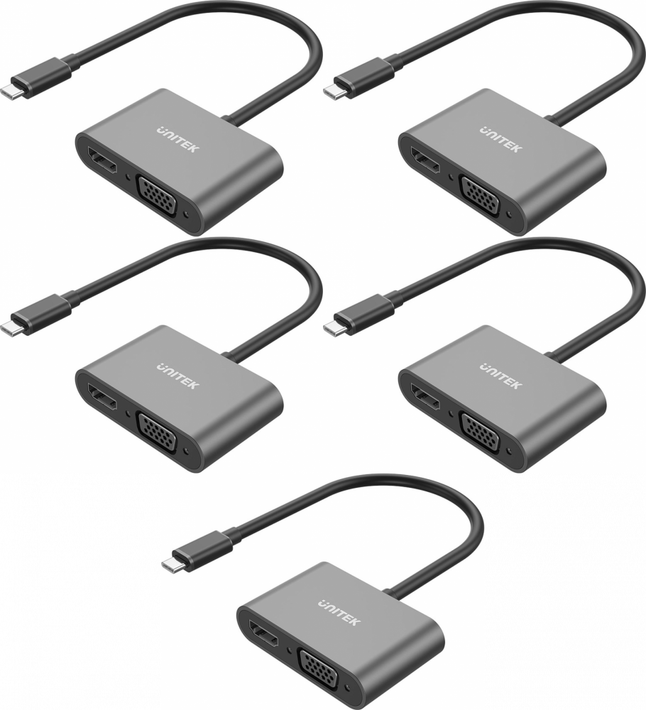 5x Adapter USB C Unitek, na HDMI 4K i VGA FullHD, szary