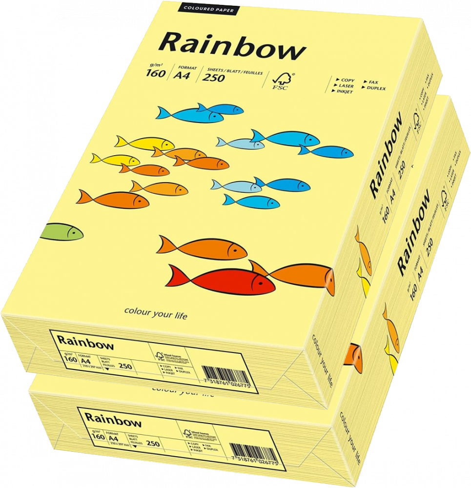 2x Papier ksero ekologiczny Rainbow, A4, 160g/m2, 250 arkuszy, jasny żółty (R12)