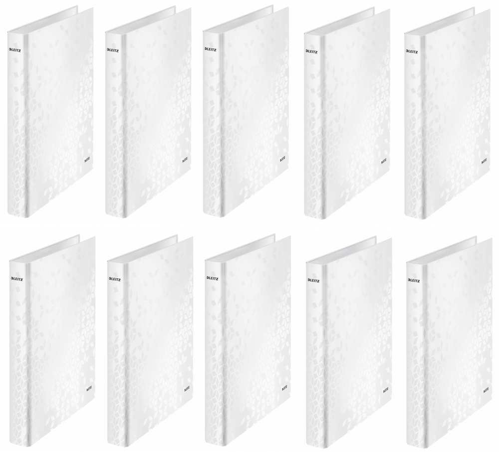 10x Segregator Leitz Wow, A4, szerokość grzbietu 40mm, do 250 kartek, 4 ringi biały