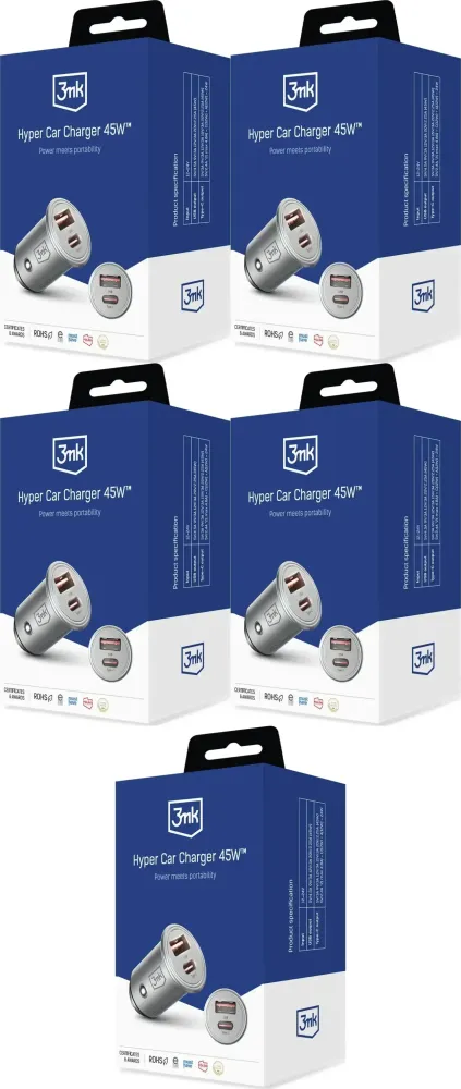 5x Ładowarka samochodowa 3mk Hyper Car Charger 45W, PD QC PSS, USB-C/USB-A, srebrny