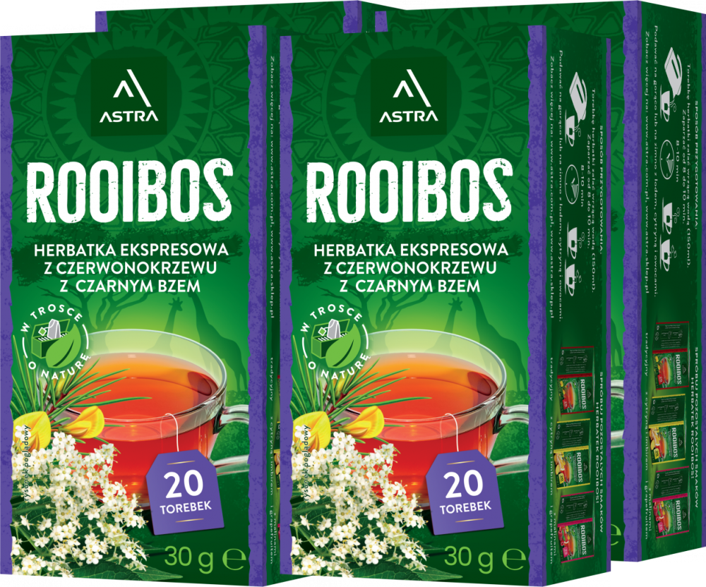 4x Herbata Rooibos w torebkach Astra, czarny bez, 20 sztuk x 1.5g