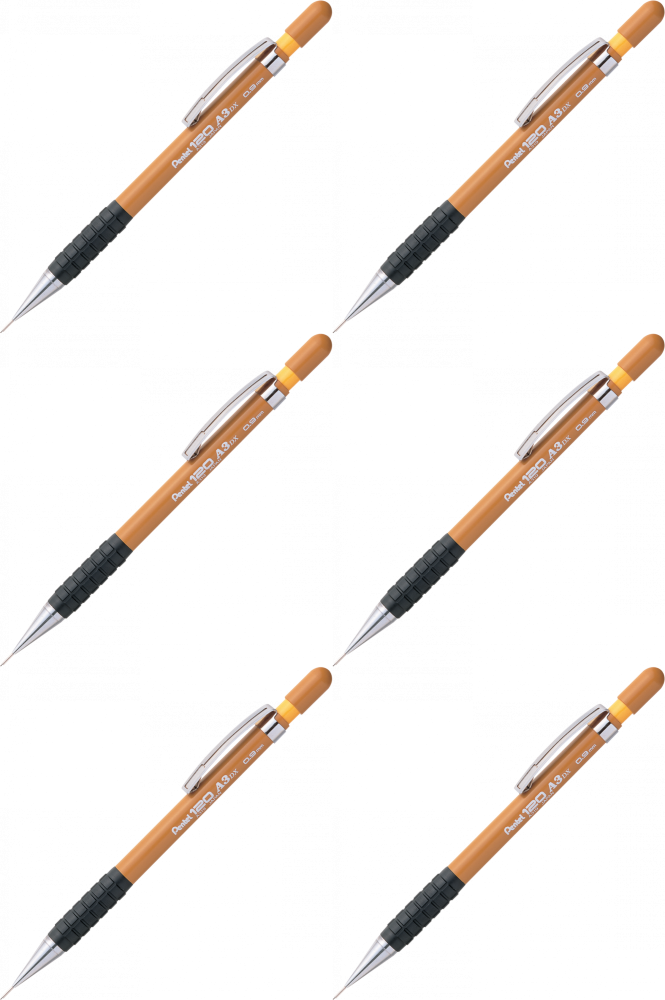 6x Ołówek automatyczny Pentel A300, 0.9mm, z gumką, żółty