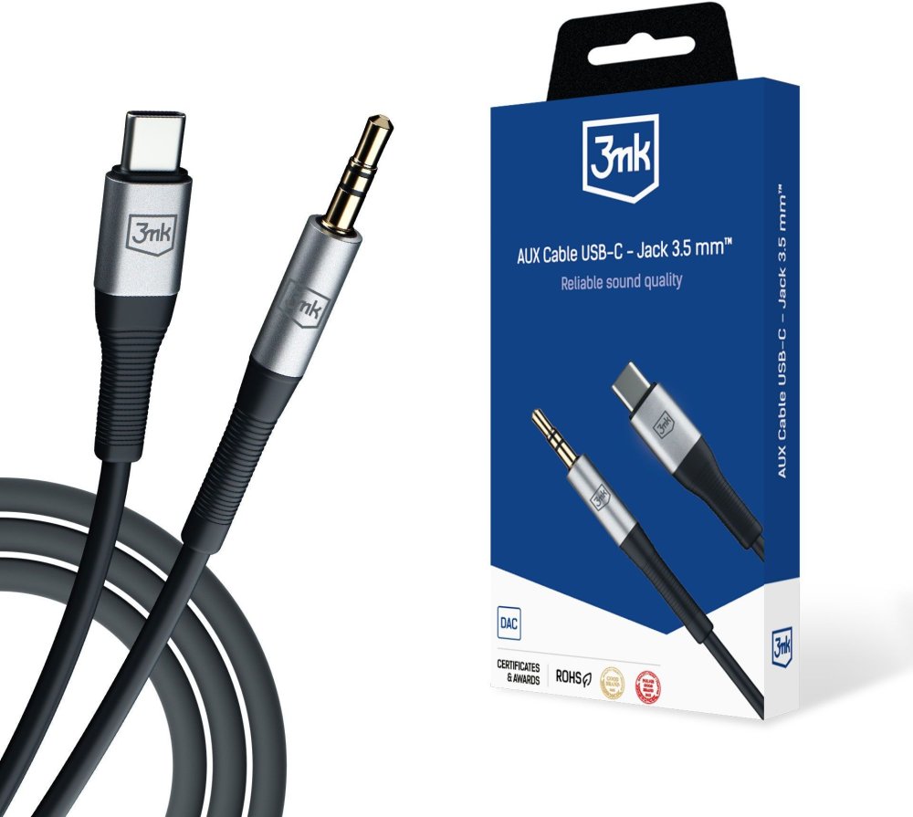 Kabel AUX 3mk USB-C/ Jack 3.5 mm, 1m, czarny