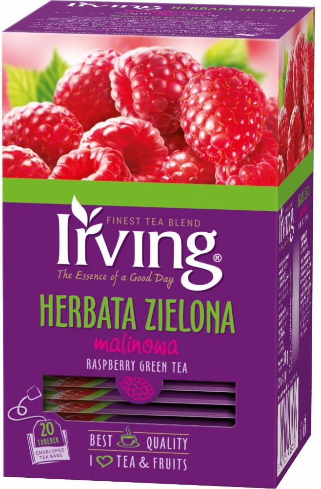 Herbata zielona smakowa w kopertach Irving, malinowa, 20 sztuk x 1.5g