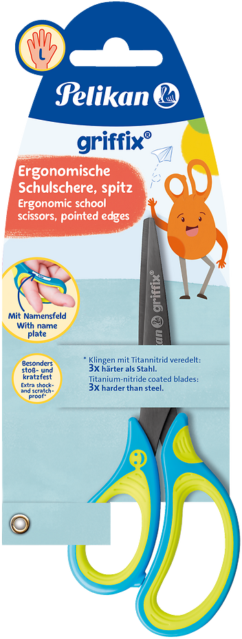Nożyczki dla dzieci Pelikan Griffix, tytanowe, dla leworęcznych, 15cm, żółto-niebieski