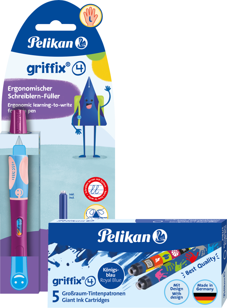 Zestaw: Pióro do nauki pisania Pelikan Griffix Sweet Berry, różowy + Naboje do pióra wiecznego Pelikan Griffix, niebieski, 5 sztuk