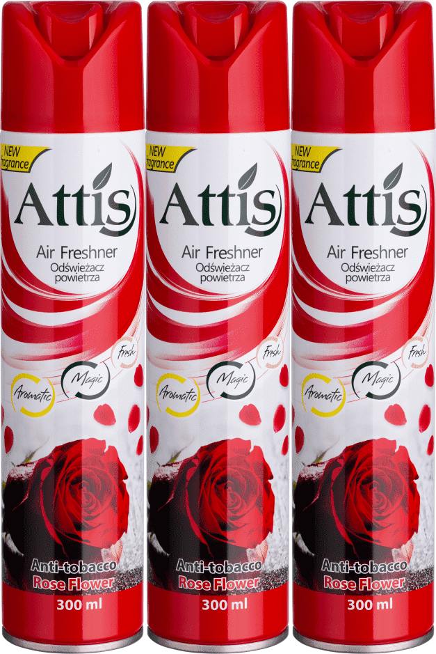 3x Odświeżacz powietrza Attis Gold Drop, spray, Anti Tabacco Rose Flower, 300ml