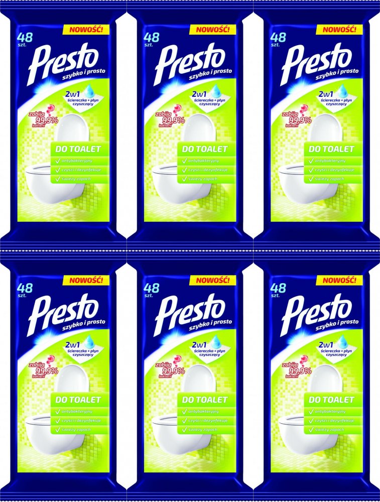 6x Chusteczki do czyszczenia toalet Presto, nawilżone, 48 sztuk