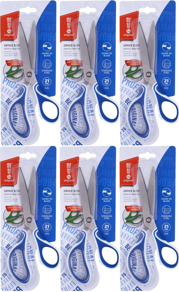 6x Nożyczki biurowe MemoBe, profilowane, ostrze 3D, 21cm,mix kolorów