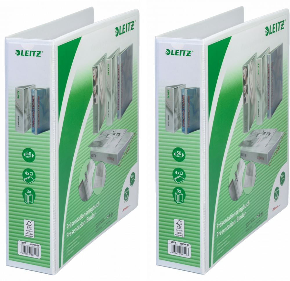 2x Segregator prezentacyjny Leitz, A4, szerokość grzbietu 77mm, do 480 kartek, 4 ringi, biały