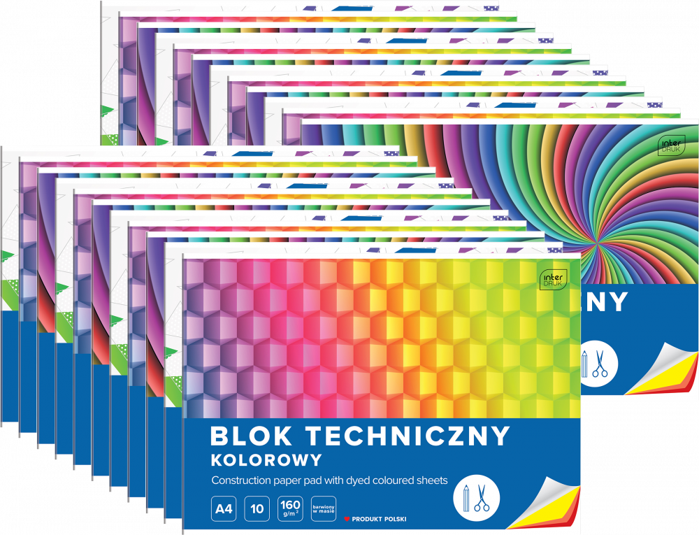 40x Blok techniczny Interdruk, A4, 10 kartek, kolorowy, barwiony w masie, mix wzorów