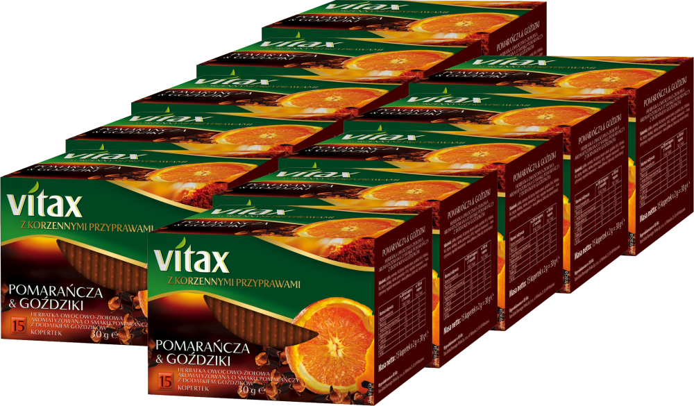10x Herbata owocowo-ziołowa w kopertach Vitax z korzennymi przyprawami, pomarańcza i goździki, 15 sztuk x 2g