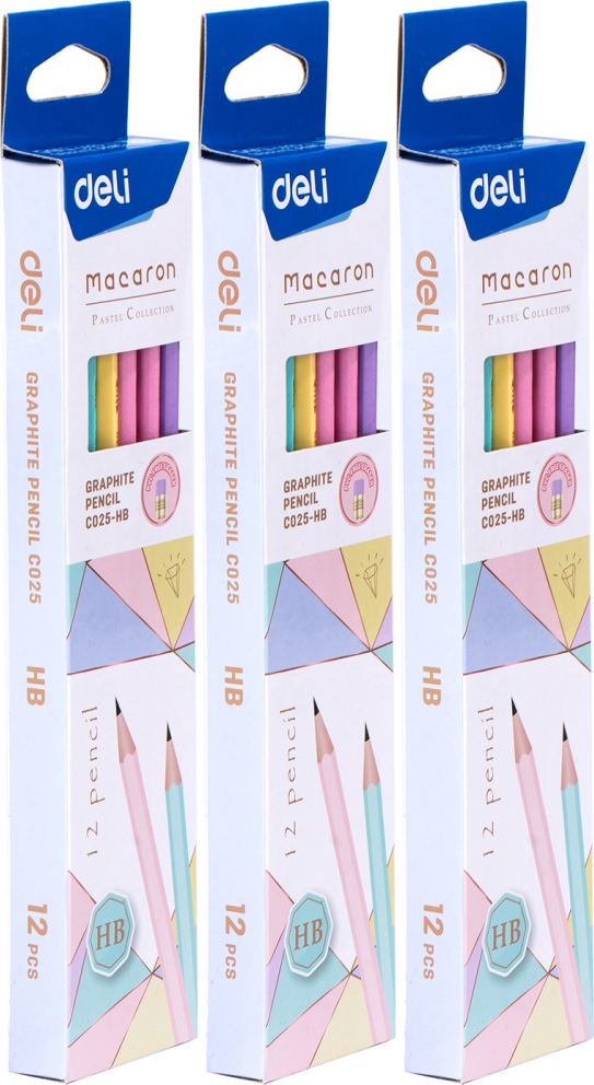 3x Ołówek Deli Macaron, HB, z gumką, 12 sztuk, mix kolorów pastelowych