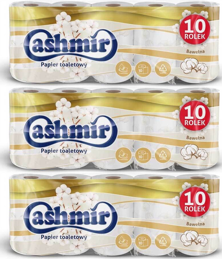 3x Papier toaletowy Cashmir , bawełna, 3- warstwowy, 10 rolek, biały