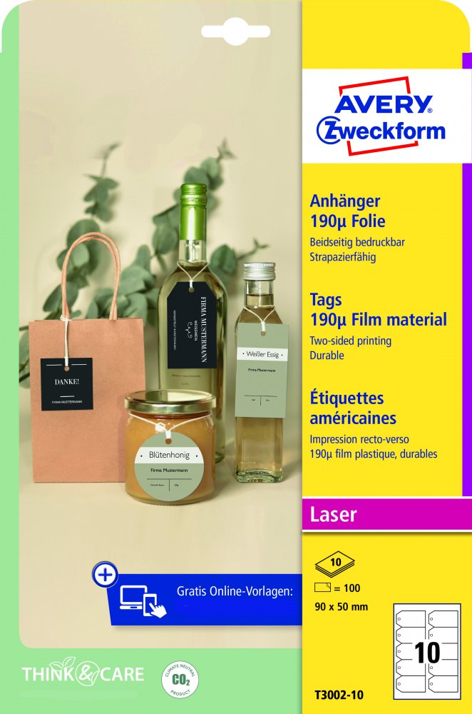 Zawieszki foliowe Avery Zweckform, wodoodporne, 90x50mm, ścięte rogi, 10 arkuszy, biały